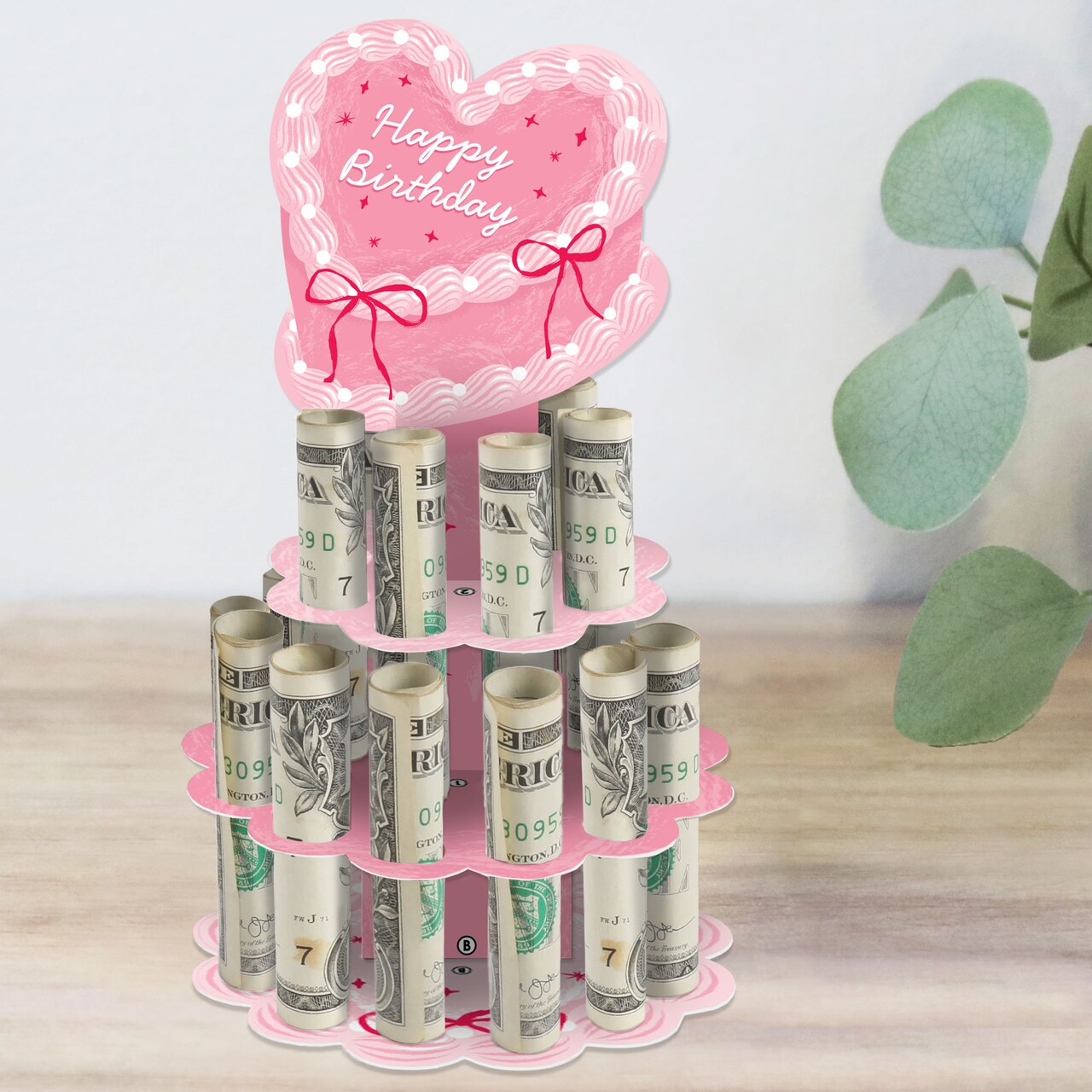 Pink Heart Cake Birthday Money Gift Display, DIY Cash Holder Stand with 20 Bill Slots, Vintage Coquette Cash Cake Gift Stand for Girls Birthday Party